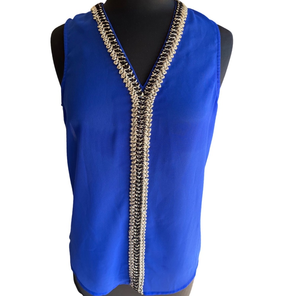 Parker Royal Blue Sleeveless Blouse Chain Link Trim V-Neck Draped Back Small